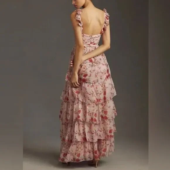 Mac Duggal 55816 Womens Pink Ruffled Sleeveless Draped Tiered Floral Print Gown - Picture 3 of 15